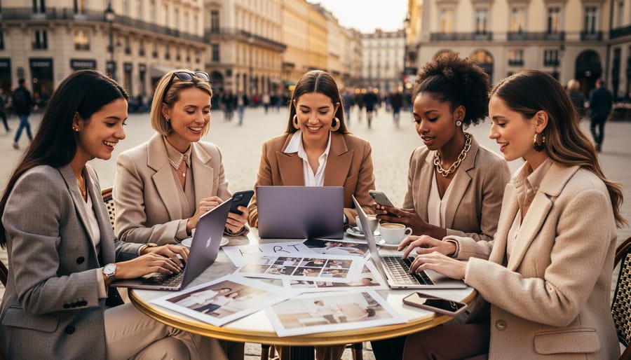 Two fashion bloggers collaborating on content at workspace with laptops and fashion materials