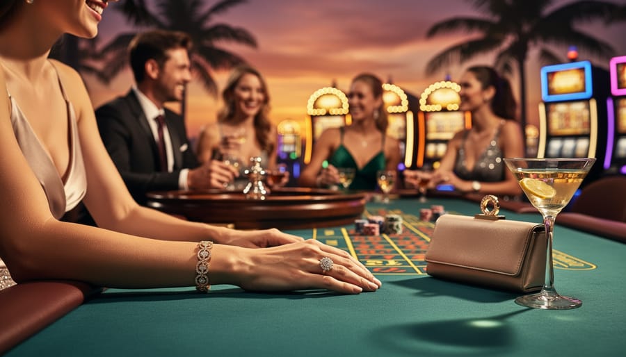 Close-up of elegant hands with jewelry holding champagne glass beside laptop in hotel setting