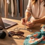 Hands of a travel fashion blogger arranging a small metal chain beside a laptop, camera, sunglasses, and a floral scarf on a wooden table, with a blurred clothes rack and suitcase in the background.
