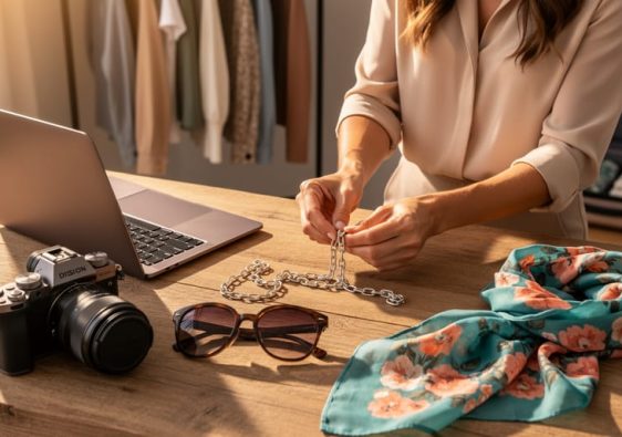 Hands of a travel fashion blogger arranging a small metal chain beside a laptop, camera, sunglasses, and a floral scarf on a wooden table, with a blurred clothes rack and suitcase in the background.
