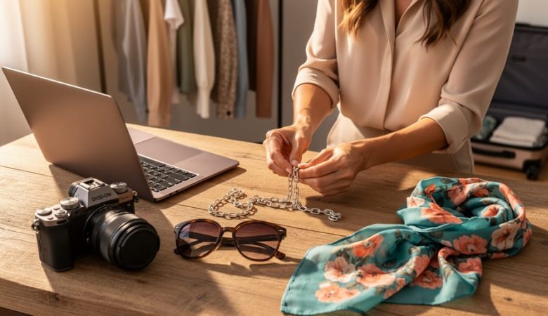 Hands of a travel fashion blogger arranging a small metal chain beside a laptop, camera, sunglasses, and a floral scarf on a wooden table, with a blurred clothes rack and suitcase in the background.