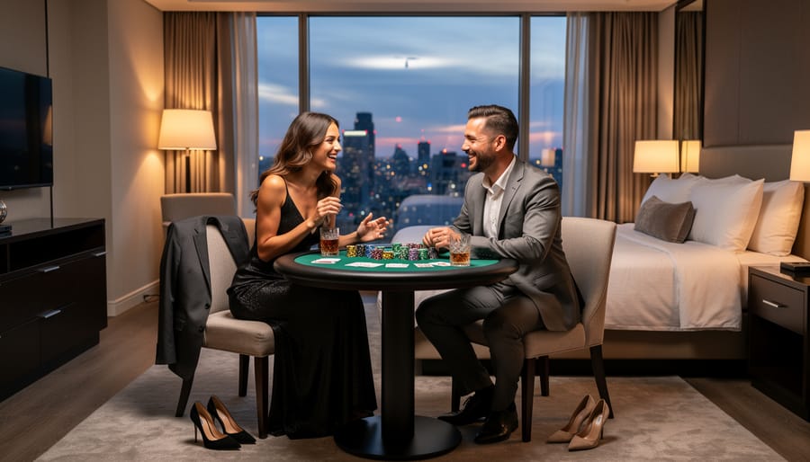 Woman dressed elegantly in silk cami and blazer playing online casino in hotel room