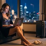 Woman in a sequined camisole with a draped blazer and statement earrings sits barefoot in a warmly lit hotel room, laptop softly glowing, chic slides on the floor, and city lights blurred beyond the window.