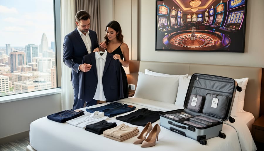 Flat lay of versatile vacation outfit pieces including silk tops, blazer, and accessories