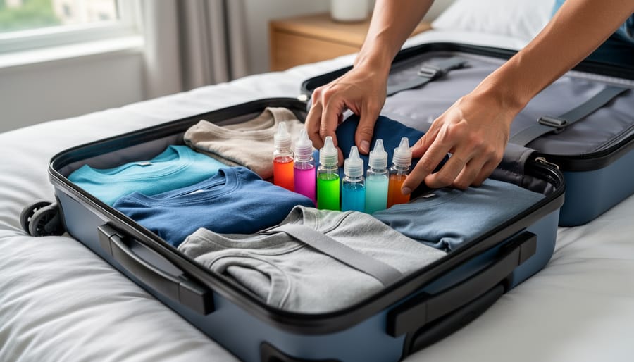 Overhead view of suitcase with vape juice bottles packed safely between folded clothes