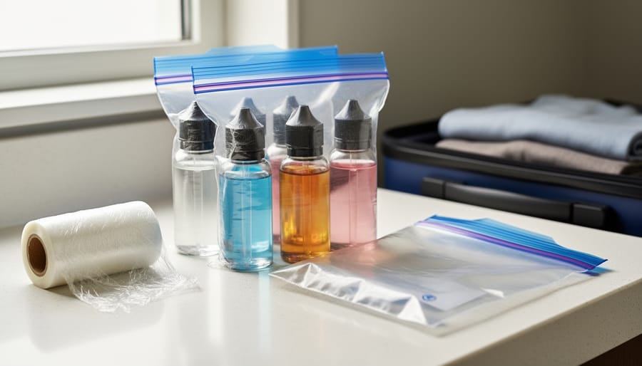 Close-up of vape juice bottle wrapped in plastic and sealed in bag for travel