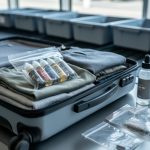 Open carry-on at airport security with a clear quart-sized bag of small unlabeled vape juice bottles on folded clothes, plus a leak-proof travel bottle and zip bags, with blurred conveyor belt and gray bins behind.