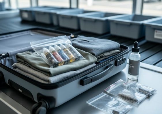 Open carry-on at airport security with a clear quart-sized bag of small unlabeled vape juice bottles on folded clothes, plus a leak-proof travel bottle and zip bags, with blurred conveyor belt and gray bins behind.