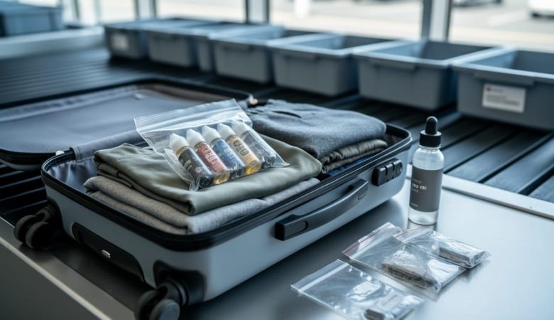 Open carry-on at airport security with a clear quart-sized bag of small unlabeled vape juice bottles on folded clothes, plus a leak-proof travel bottle and zip bags, with blurred conveyor belt and gray bins behind.