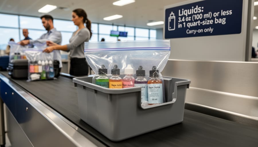 Hands holding clear TSA bag with small vape juice bottles at airport security