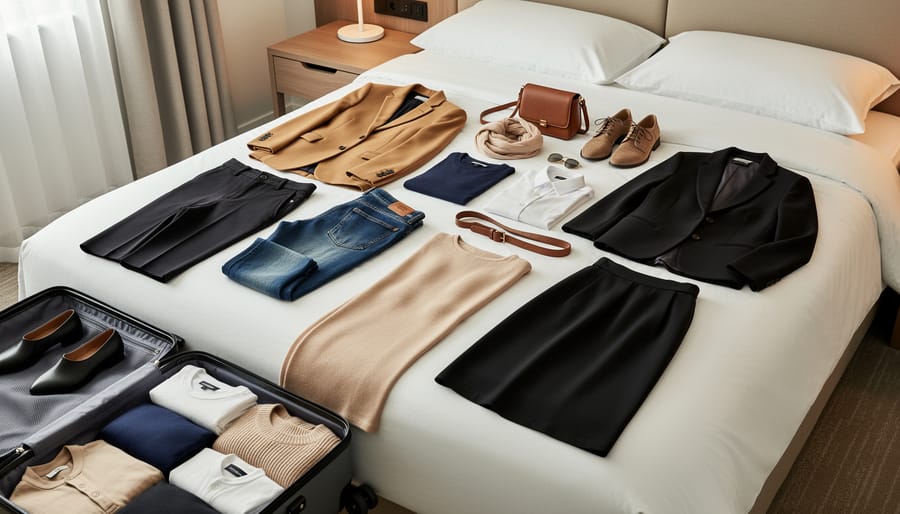 Flat lay of coordinated fall travel outfit with neutral-toned clothing and accessories