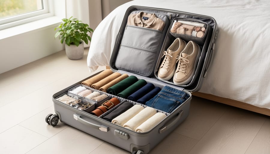 Organized carry-on suitcase with fall capsule wardrobe packed in cubes