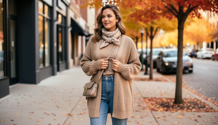 Hands folding neutral cardigan sweater with autumn scenery in background