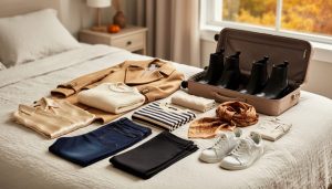 Neatly organized fall capsule wardrobe of 15 neutral pieces on a linen bed beside an open carry-on in a cozy bedroom, softly lit with blurred autumn foliage outside the window.