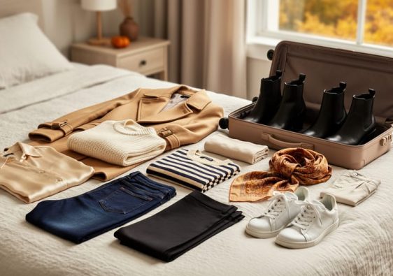 Neatly organized fall capsule wardrobe of 15 neutral pieces on a linen bed beside an open carry-on in a cozy bedroom, softly lit with blurred autumn foliage outside the window.