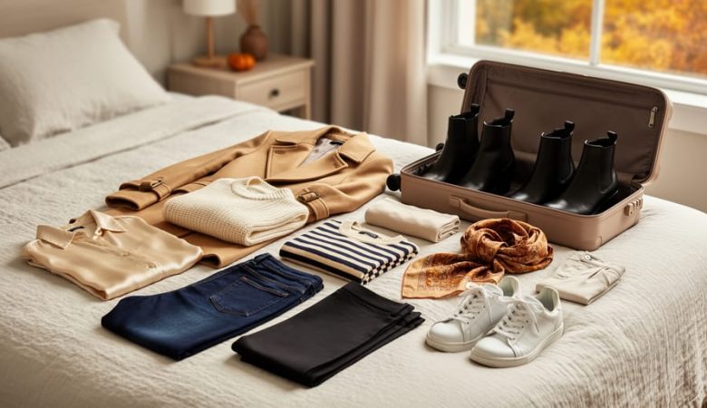 Neatly organized fall capsule wardrobe of 15 neutral pieces on a linen bed beside an open carry-on in a cozy bedroom, softly lit with blurred autumn foliage outside the window.