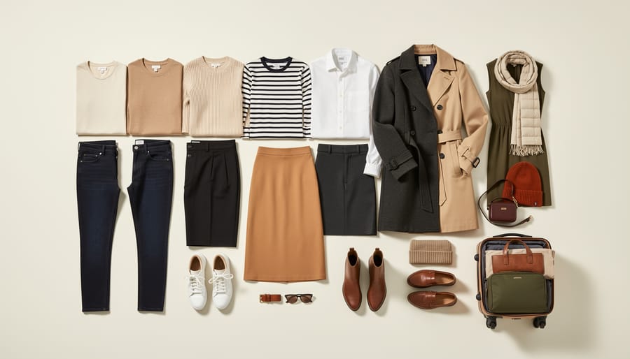 Overhead view of fall travel capsule wardrobe with clothing items arranged on white bedding