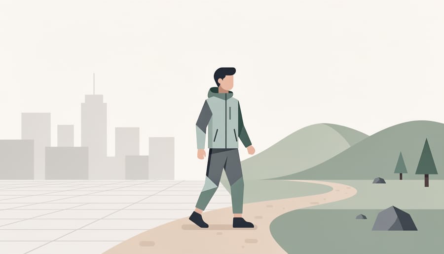 Traveler holding trail running jacket at an outdoor viewpoint with a distant trail in the background.