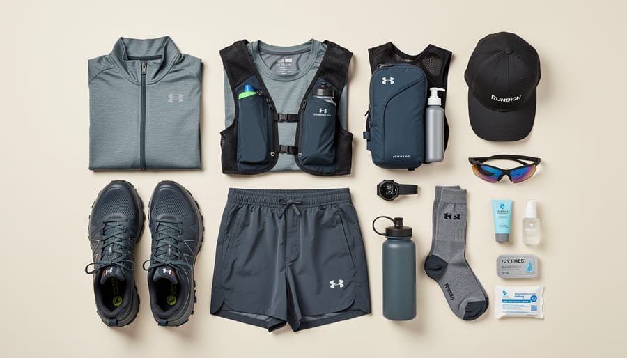 Packed trail running apparel essentials laid out with base layer, shorts, wind jacket, and socks beside running shoes.