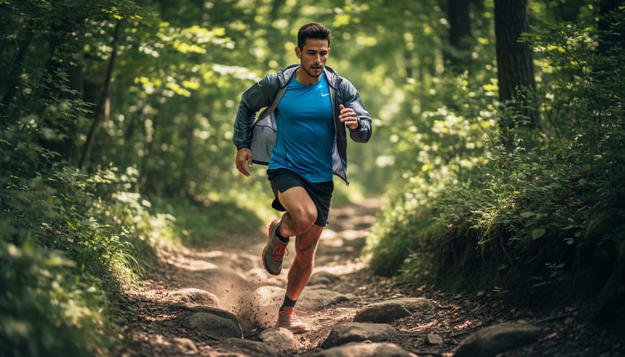 Trail runner wearing moisture-wicking base layer and trail shorts runs on a rocky forest trail during golden hour.
