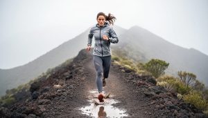 Trail runner wearing technical trail running leggings, jacket, and trail shoes on a rocky, muddy mountain trail under misty overcast skies.