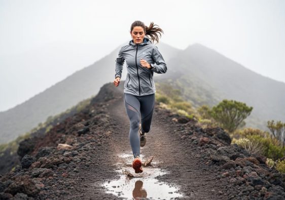 Trail runner wearing technical trail running leggings, jacket, and trail shoes on a rocky, muddy mountain trail under misty overcast skies.