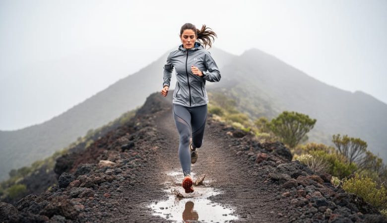 Trail runner wearing technical trail running leggings, jacket, and trail shoes on a rocky, muddy mountain trail under misty overcast skies.