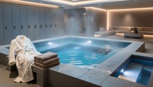 Steam rising from a modern spa thermal pool with a stone bench, folded towels, and a calm luxury atmosphere in the background