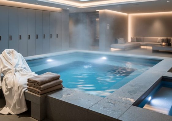 Steam rising from a modern spa thermal pool with a stone bench, folded towels, and a calm luxury atmosphere in the background