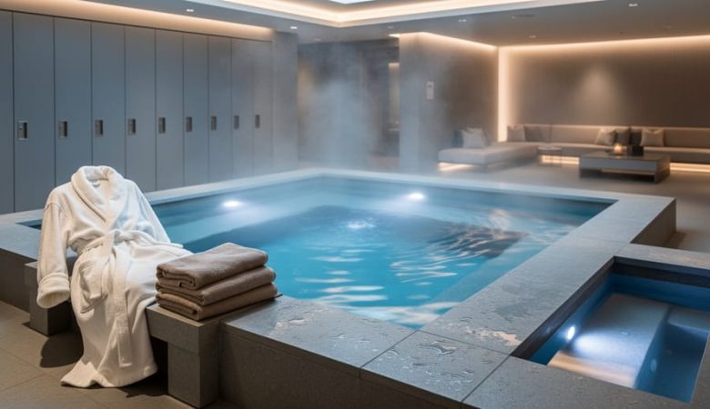 Steam rising from a modern spa thermal pool with a stone bench, folded towels, and a calm luxury atmosphere in the background
