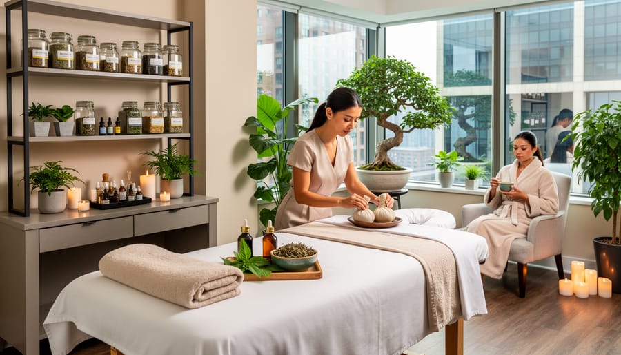 Close-up of herbal spa essentials on a wooden treatment table
