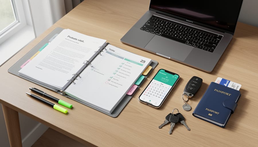 Documents, passport, smartphone, and travel accessories arranged neatly on a hotel desk.