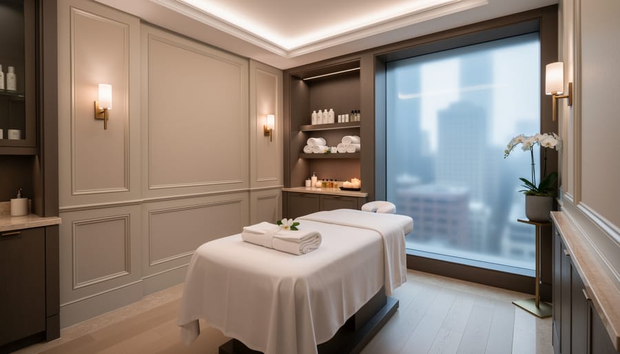 Luxury spa treatment room with a massage table, white linens, and warm gold accents