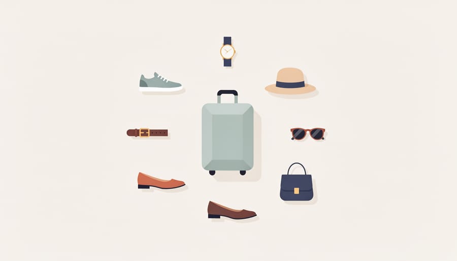 Minimalist open suitcase showing three types of shoes and small accessories laid out neatly.