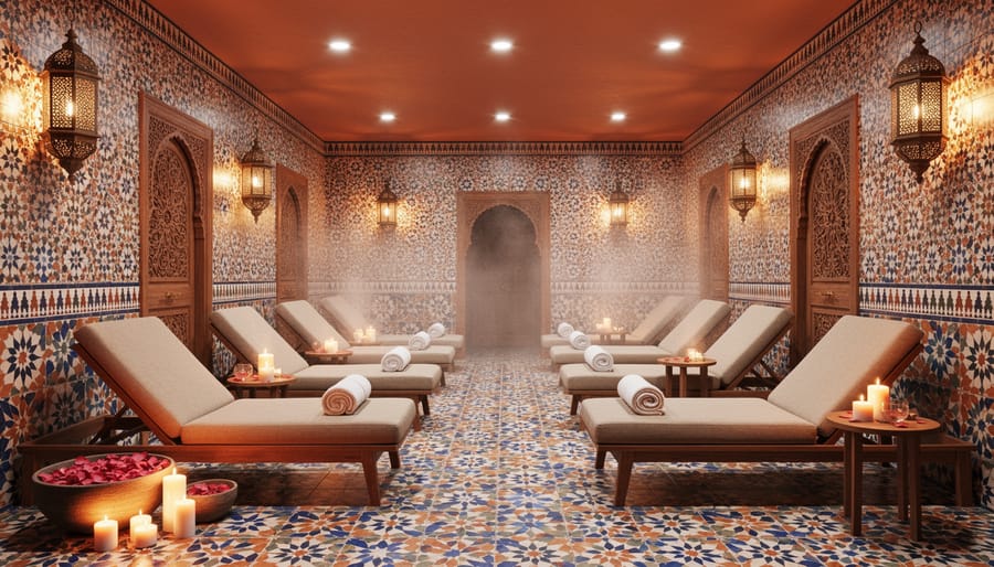 Moroccan-inspired hammam lounge with ornate tilework and relaxing spa guests