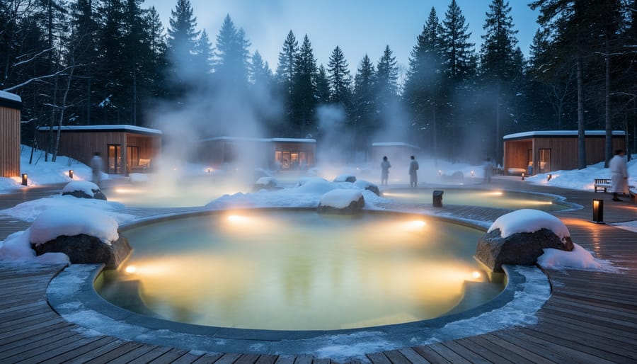 Outdoor thermal pools with steam at night and bundled spa guests in robes