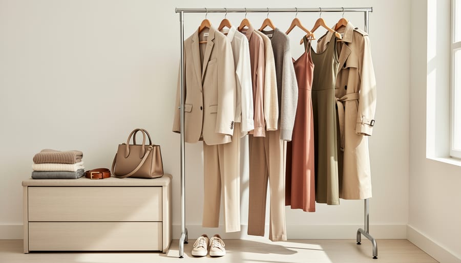 Overhead view of a travel capsule wardrobe rack with coordinated tops, cardigan, pants, and a crossbody bag.