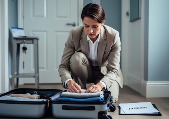 A person in a neutral blazer packing a suitcase beside probate-related paperwork in a softly lit home hallway, suggesting travel planning during a probate property sale.
