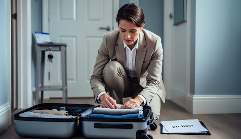 A person in a neutral blazer packing a suitcase beside probate-related paperwork in a softly lit home hallway, suggesting travel planning during a probate property sale.