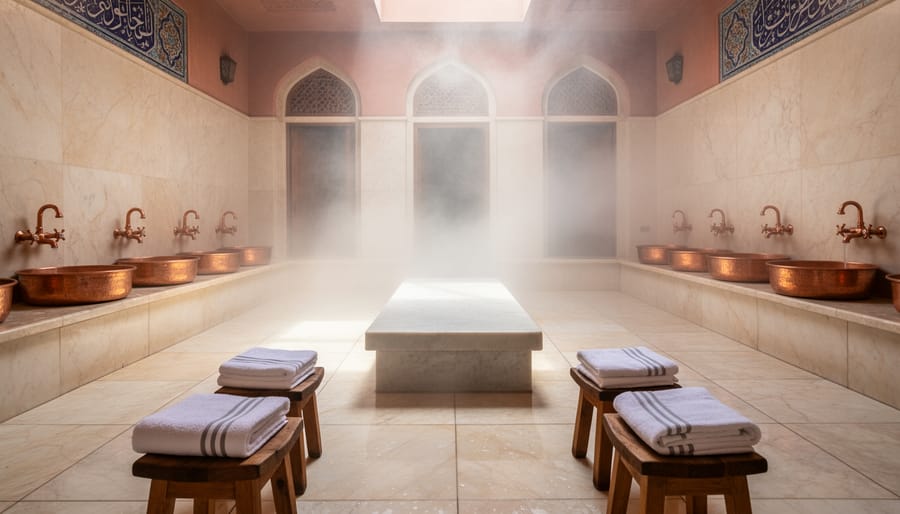 Turkish hammam-style bath chamber with marble platform, copper accents, and steam