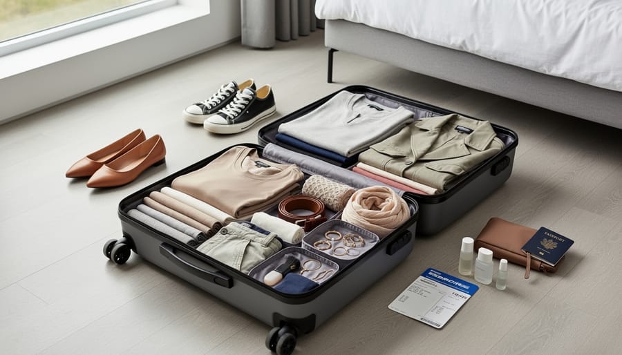 Woman folding and placing capsule wardrobe clothing into a small rolling suitcase on a hotel bed.