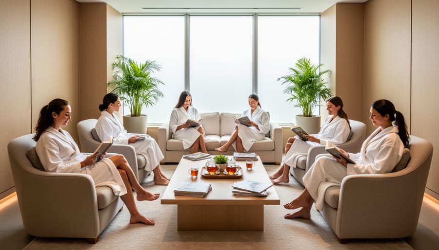 Woman in a spa robe relaxing in a calm lounge area at Elmwood Spa