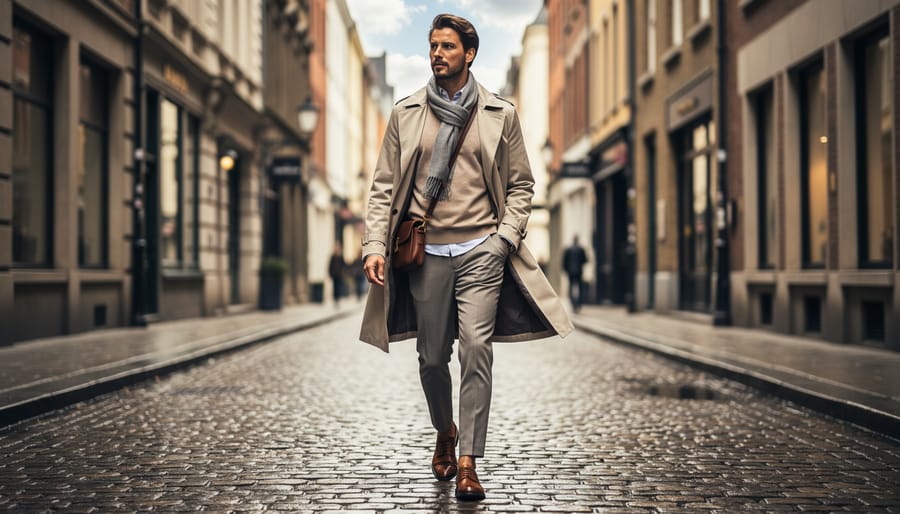 Woman walking on European cobblestones wearing layered travel clothing and a light blazer.