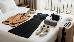 Travel capsule wardrobe for European city trips laid out on a hotel bed beside a single suitcase, featuring a black midi dress, blazer, scarf, crossbody bag, and sneakers.