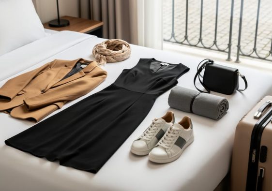 Travel capsule wardrobe for European city trips laid out on a hotel bed beside a single suitcase, featuring a black midi dress, blazer, scarf, crossbody bag, and sneakers.