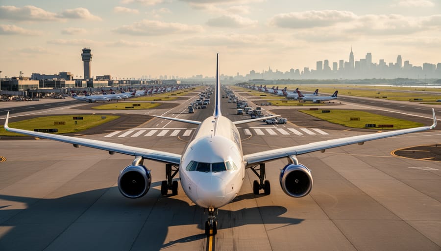 A jet airplane parked near the gate at an airport runway area during golden hour lighting.