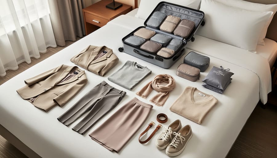Neutral capsule wardrobe clothing laid out on a bed with shoes arranged at the foot
