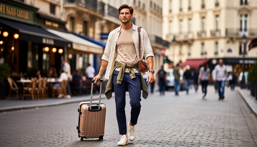 Traveler wearing a layered neutral capsule outfit while walking in a city during golden hour