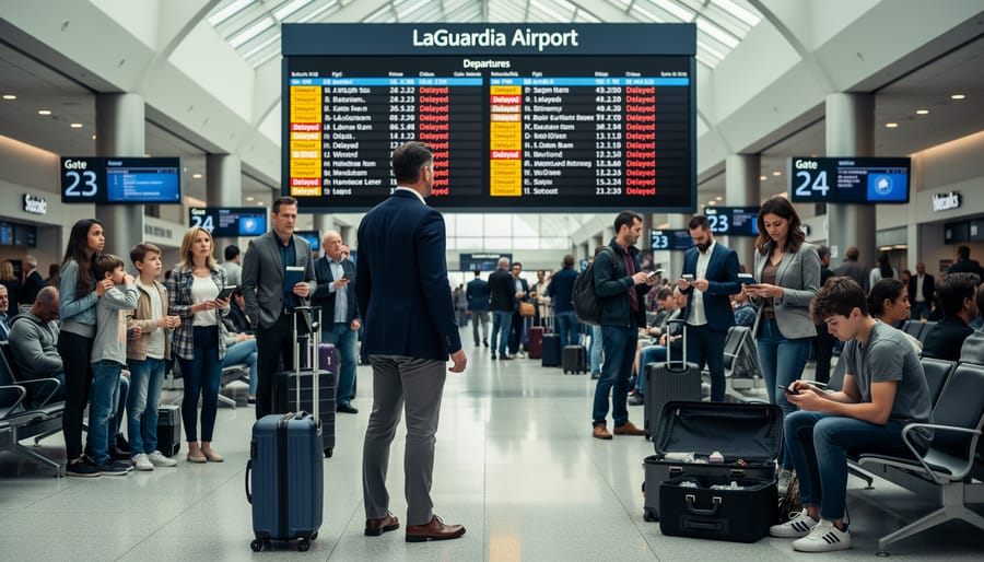 Passengers in the LaGuardia terminal with rolling suitcases waiting near the gate area.