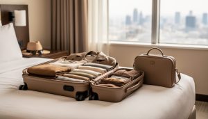 Neatly packed carry-on suitcase and personal bag with folded neutral clothing items laid out on a bed, illustrating a capsule wardrobe for a month-long trip.